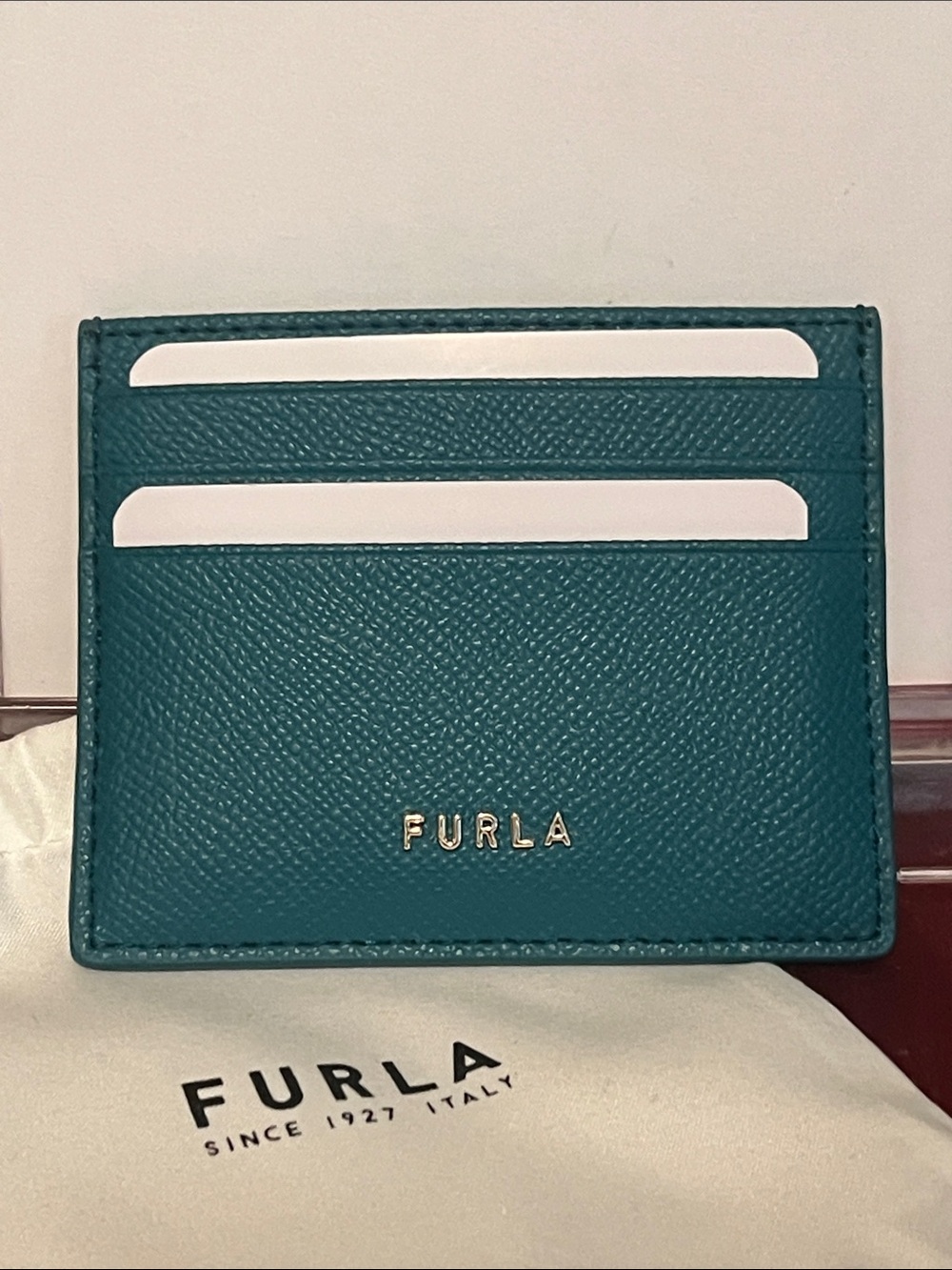 Furla Teal Saffiano Leather Card Holder